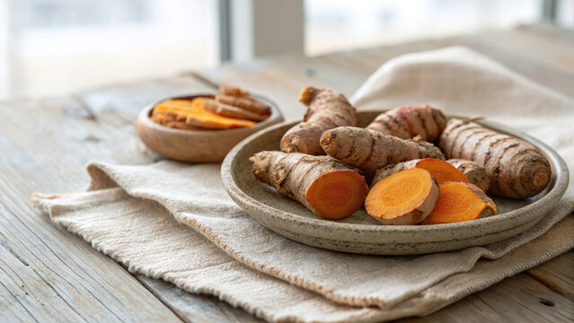 Photorealistic turmeric roots and slices on ceramic plate, fibrous orange interior, soft window light, natural rustic food composition