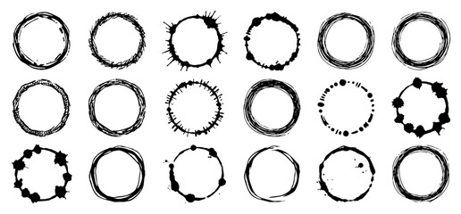 Obraz premium Set of hand-drawn circle frames and ink grunge stains