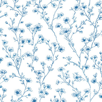 Vector Seamless Pattern 4 Blue Toile de Jouy Floral Branches, Vintage French Botanical Design