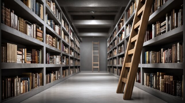 Tall Book Stacks in Archive Room with Rolling Ladder and Soft Lighting