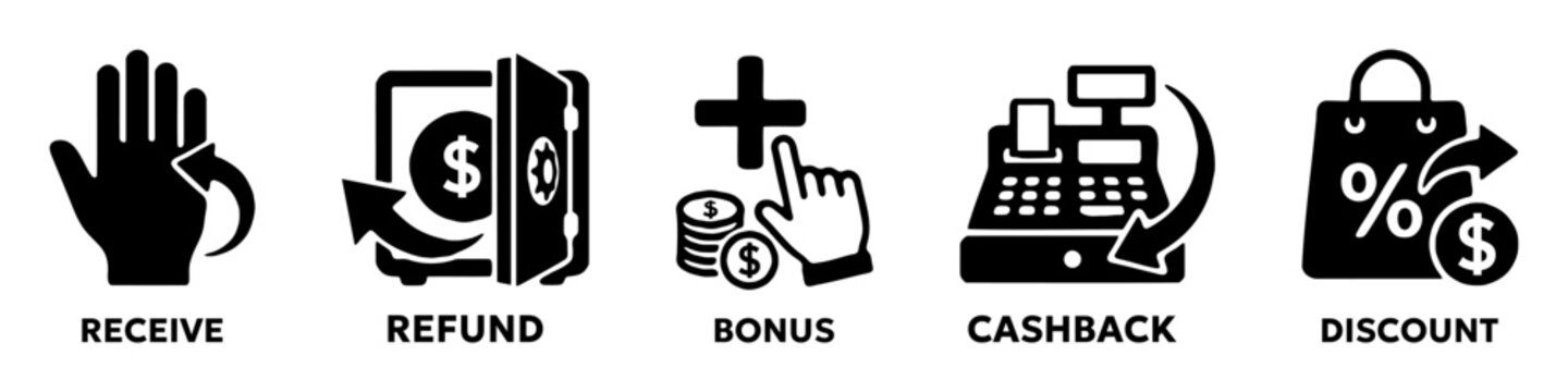 Business and finance service icons with refund, bonus, cashback and discount