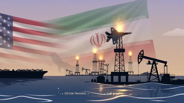 graphic illustration with warship aircraft and oil platforms against flags of usa and iran, concept of political crisis and international tension in persian gulf
