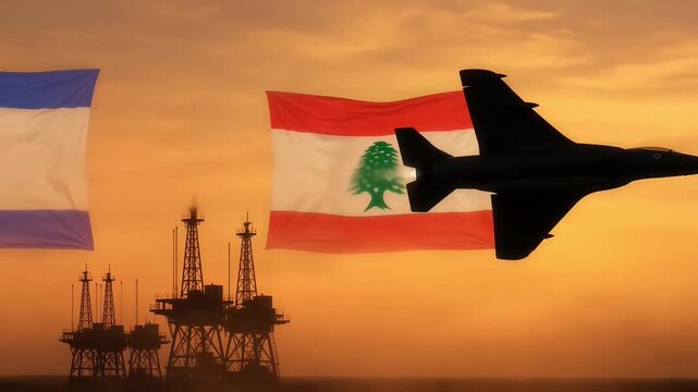 silhouette of a fighter jet flying against the flags of israel and lebanon with oil rigs in the sea at sunset conceptual 3d visualization of international tension and geopolitics