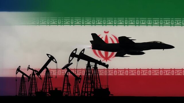 silhouette of a combat aircraft against the flags of israel and iran with oil pumps in the foreground 3d illustration reflecting the geopolitical situation and energy security