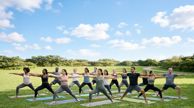 Group yoga class outdoors with diverse participants practicing warrior pose in a lush green field. This serene yoga class showcases unity and well-being through warrior pose in natural surroundings.