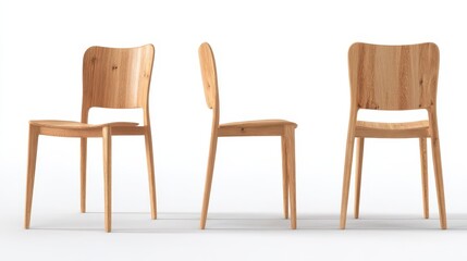Fototapeta premium Studio-shot wooden side chair displaying front, side, back and top views on white