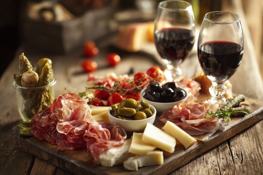Rustic antipasti board with cheese, olives, Parma ham, artichokes and a wine glass on a wooden table