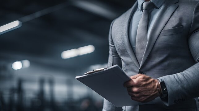 Professional fitness trainer in business suit holding clipboard in gym