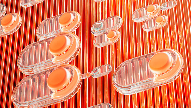 Glossy glass buttons on orange surface with striped design layout