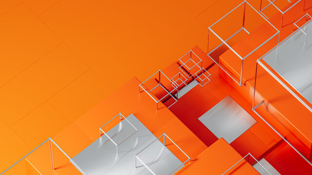 Background of geometric forms in orange architecture with cube frames
