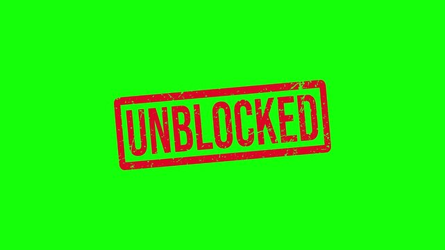 Red UNBLOCKED Rubber Stamp Animation with Grunge Texture on White and Green Screen. A red stamp on a green background.