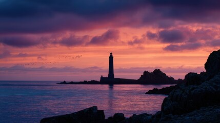 Fototapeta premium Quiet shoreline silhouette of a lighthouse at golden hour