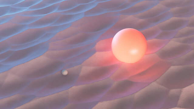 Pastel surreal landscape with glowing spheres in a desert scene