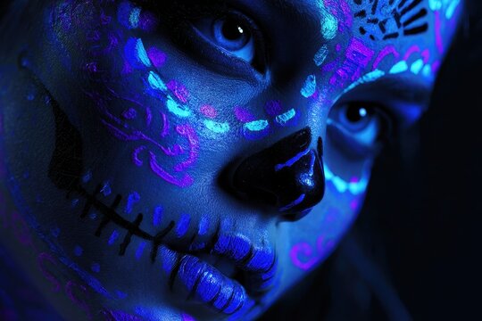 Portrait of a woman with UV-reactive skull makeup under blacklight, neon glow