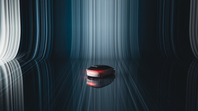 Futuristic electric car moves through abstract light trails at night