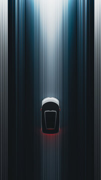 Futuristic electric car moves through abstract light trails at night