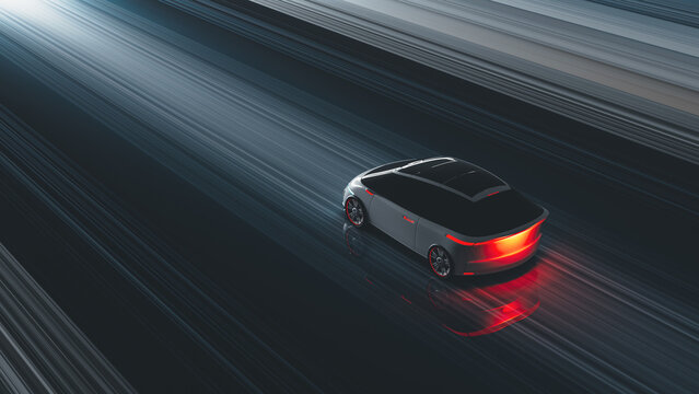 Futuristic electric car moves through abstract light trails at night