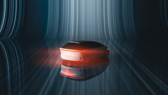 Futuristic electric car moves through abstract light trails at night
