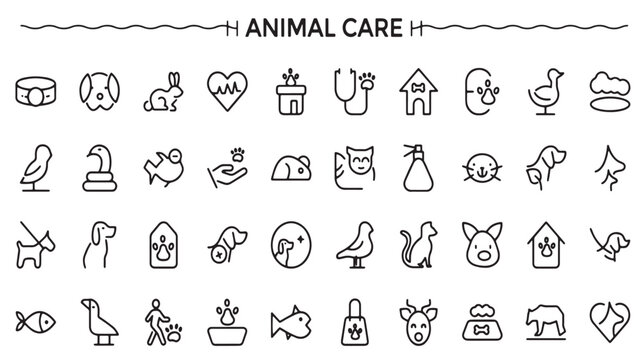 Animal Care Line Icons: Veterinary Services and Pet Industry Vector Set