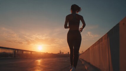 Fototapeta premium Woman Running at Sunset on Urban Bridge