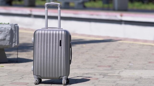 A forgotten gray suitcase on wheels stands on the platform of a railway station. High quality FullHD footage