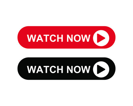 Watch now button vector set, red and black call to action buttons with play icon, streaming media web interface elements for video players