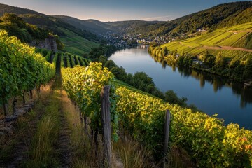 Naklejka premium Pastoral Riverbank Vineyard Scene in Luxembourg's Moselle Valley