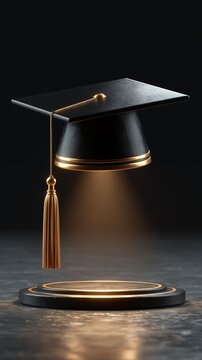 Luxury vertical render graduation cap with golden tassel floating above illuminated circular platform, vertical format for social media stories, portrait orientation