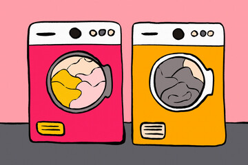 Colorful washing machine and dryer illustration for home laundry