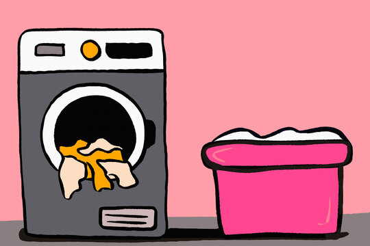 Cozy home laundry scene with washer and basket illustration