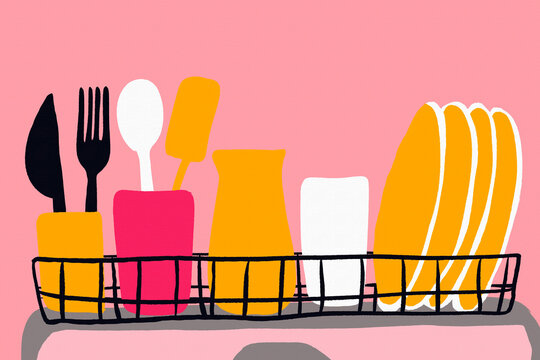 Colorful dish rack with clean plates and cutlery at home
