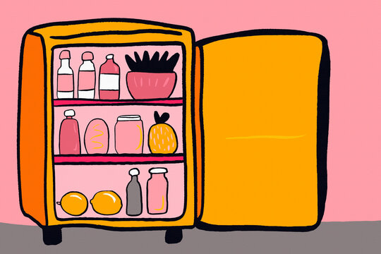 Colorful open fridge illustration with food and drinks