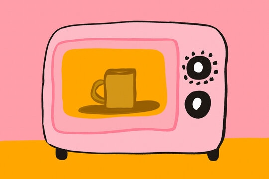 Cozy kitchen illustration of a microwave heating a mug