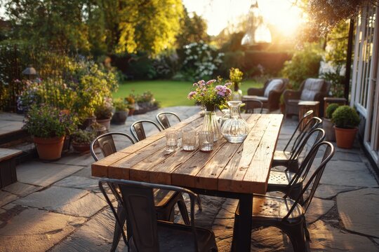 Sunlit backyard patio table setup for casual outdoor dining in a lush garden setting