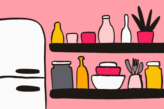 Cozy kitchen pantry shelves with bottles and retro fridge