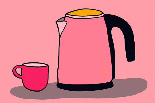 Minimal pink electric kettle and cup in modern kitchen