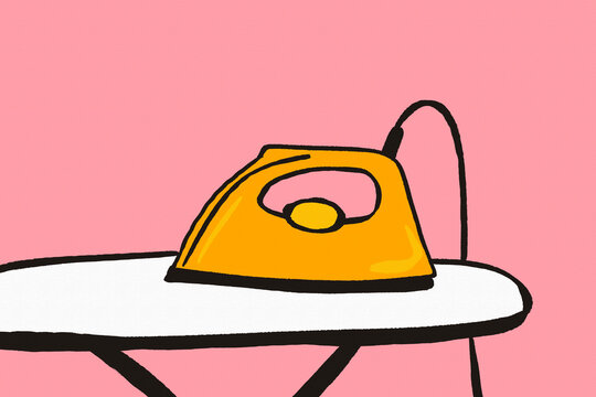 Minimal iron on ironing board in pink home setting
