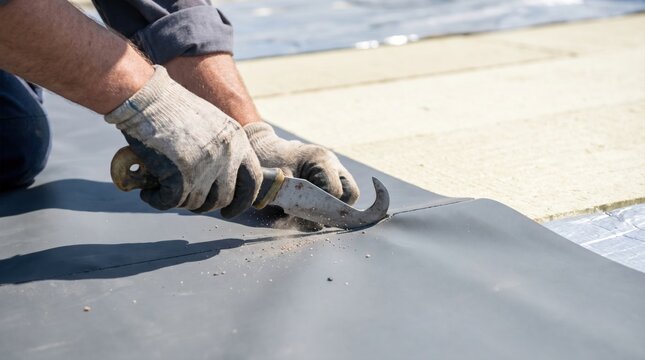 Construction worker wearing protective gloves using specialized hook knife to cut heavy duty black rubber waterproof membrane