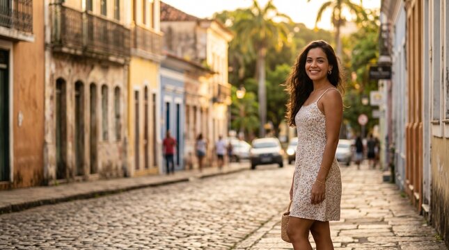 brazilian woman standing in a historic-style street during golden hour in Manaus