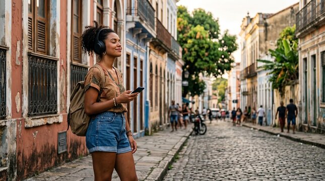 Young brazilian woman listening to music with headphones while standing in a historic-style street in Manaus