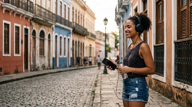 Brazilian woman listening to music with headphones while standing in a historic-style street in Manaus