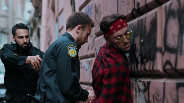 Portrait policeman with pistol arrest robber in handcuffs standing near the car bad guy crime danger dangerous gangster gun illegal law pistol teamwork safety security emergencym close up slow motion