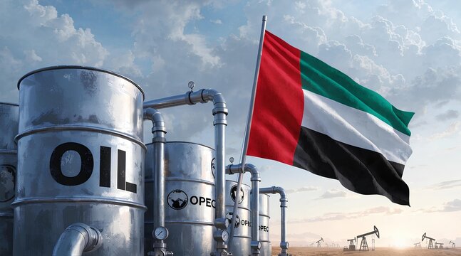 United arab emirates flag flying over oil barrels and pumpjacks on a desert landscape, symbolizing oil production and opec.