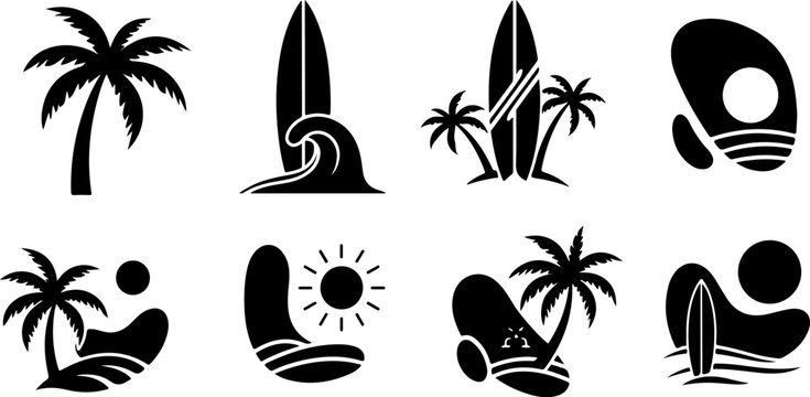 Summer tropical design templates set. Vector logos with hand drawn palm trees, surfing elements and travel inspired doodle shapes
