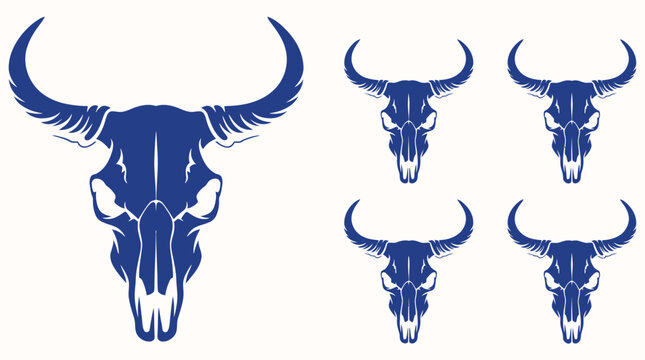Cow skull vector illustration set, detailed anatomy design with realistic bone texture, western style