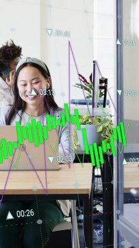 Vertical video: Woman on headset typing, activating shifting charts on business laptop dashboard