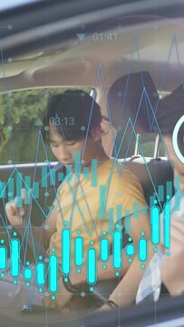 Vertical video: Friend gesturing, teen driver buckling belt, blue icons signaling driving safety