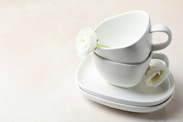 Fototapeta premium Porcelain tea set and beautiful flowers on light table. Space for text