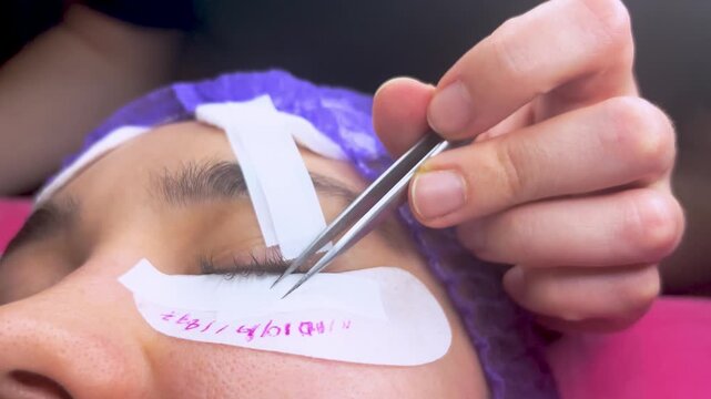 Professional eyelash extension procedure in a beauty salon.