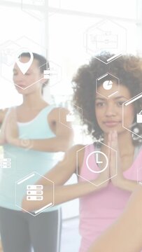 Vertical video: App icon initiating marketing animation over meters and shop as four adults posing